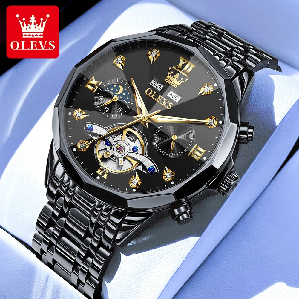 OLEVS Original Brand Men's Watches Skeleton Luminous Moon Phase Automatic Mechanical Watch Prism Mirror Fashion Top Wristwatch