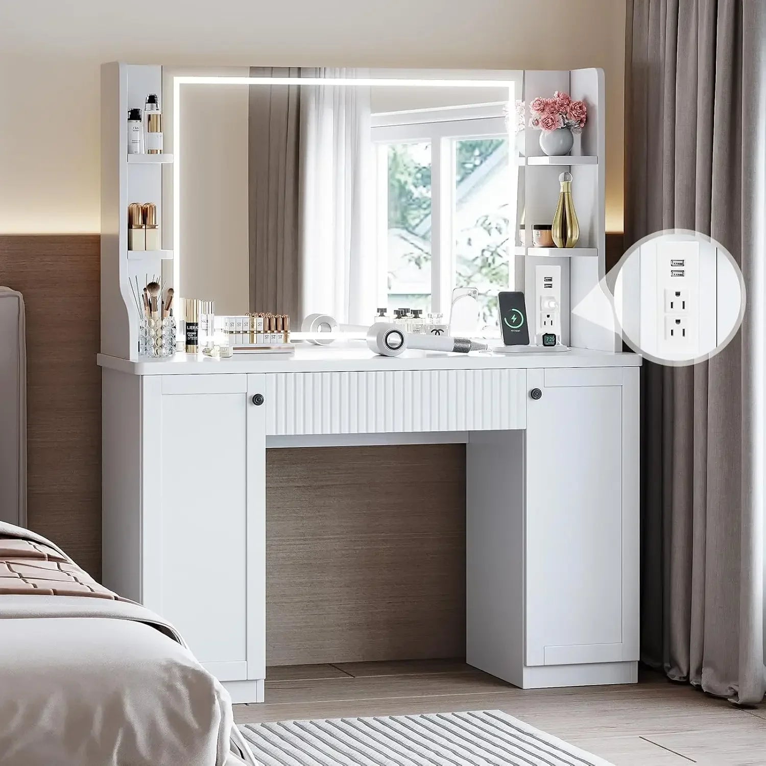 A Power Strip LED Makeup Table Vanity Desk Cabinets Bedroom Dressing Table With Mirror And Lights