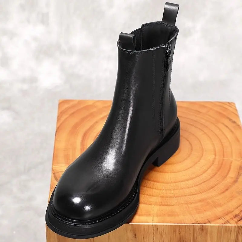 Leather Chelsea Boots Mid-Calf Round Toe — Black | KIMLUD