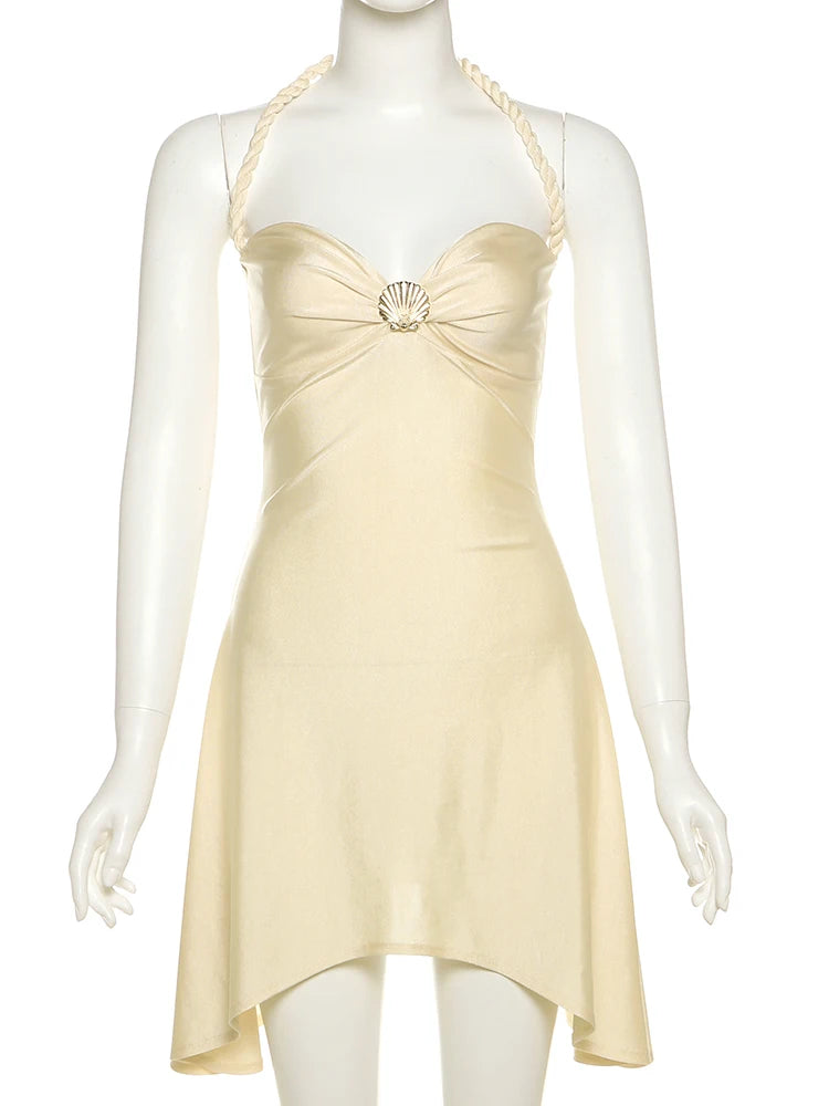 Metallic Satin Dress Halter Backless Ruched — Black | KIMLUD