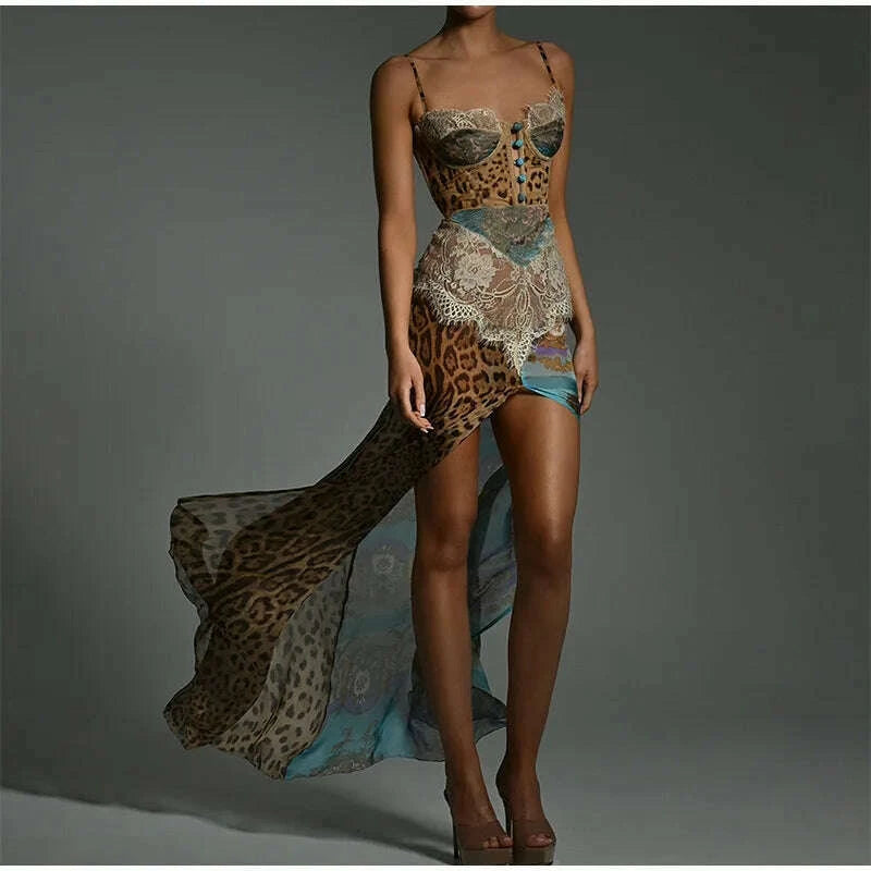Summer Beach Leopard Print Dress Sexy Lace Split Patchwork Chiffon Dresses  Women Elegant Sleeveless Backless Beach Evening Gowns