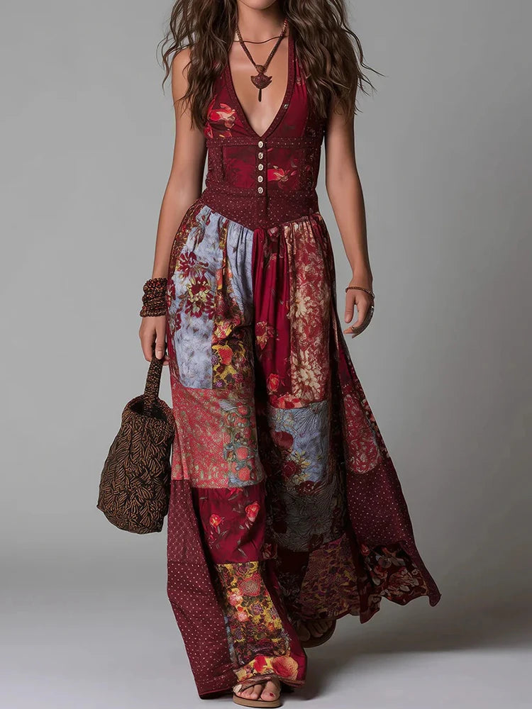 Polyester Patchwork Leopard Maxi Dress — Purple | KIMLUD