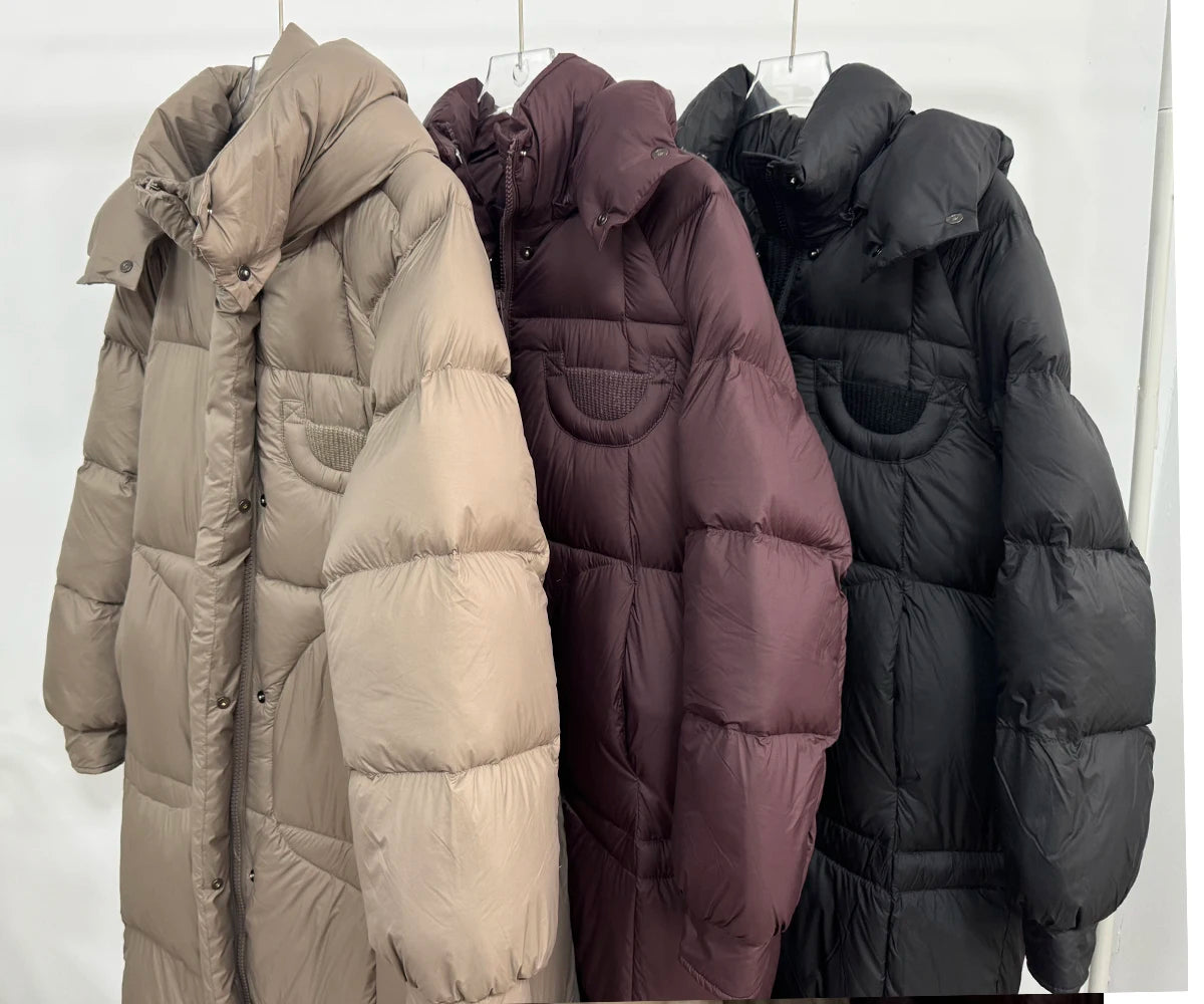 Hirsionsan Winter Long Solid Hooded Puffer Clothing Women Loose Casual White Duck Down Jackets Retro Streetwear Simple Warm Coat