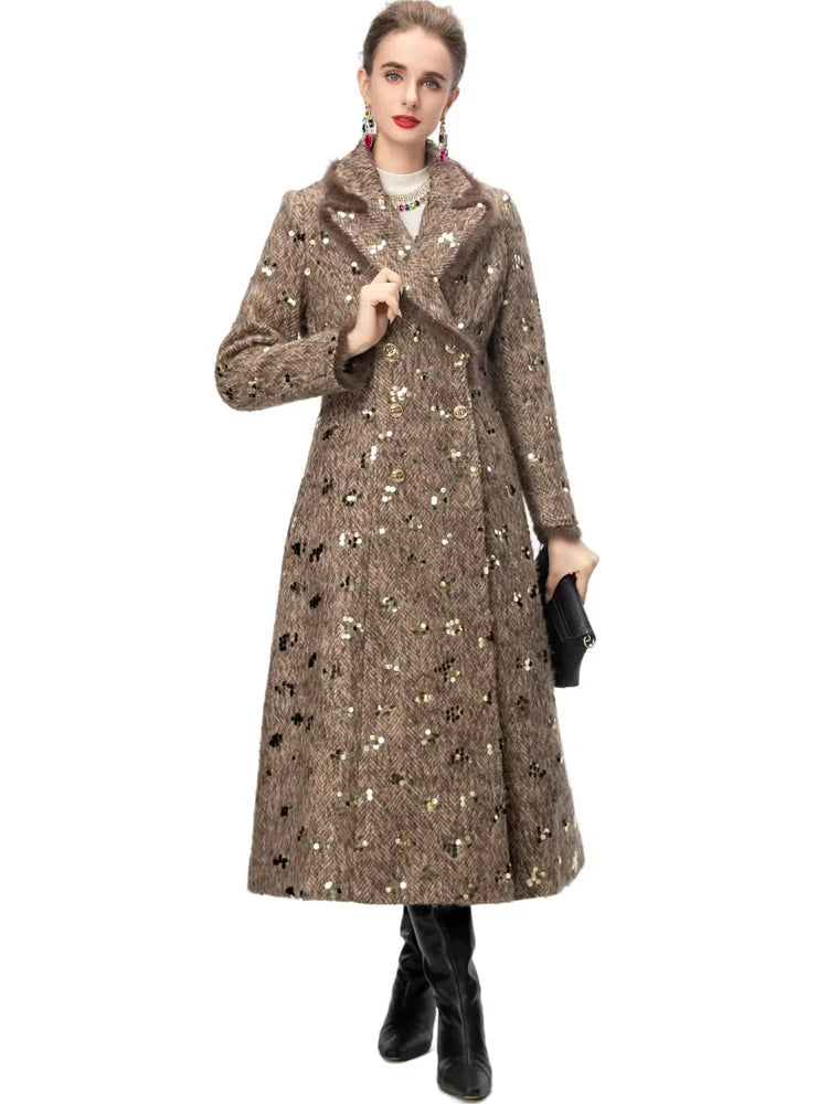 IEQJ Fashion Autumn Winter Woolen Coat Women Turn-Down Collar Fur EdgeDouble Breasted Long Sleeves Sequins Slim Blends Coat New