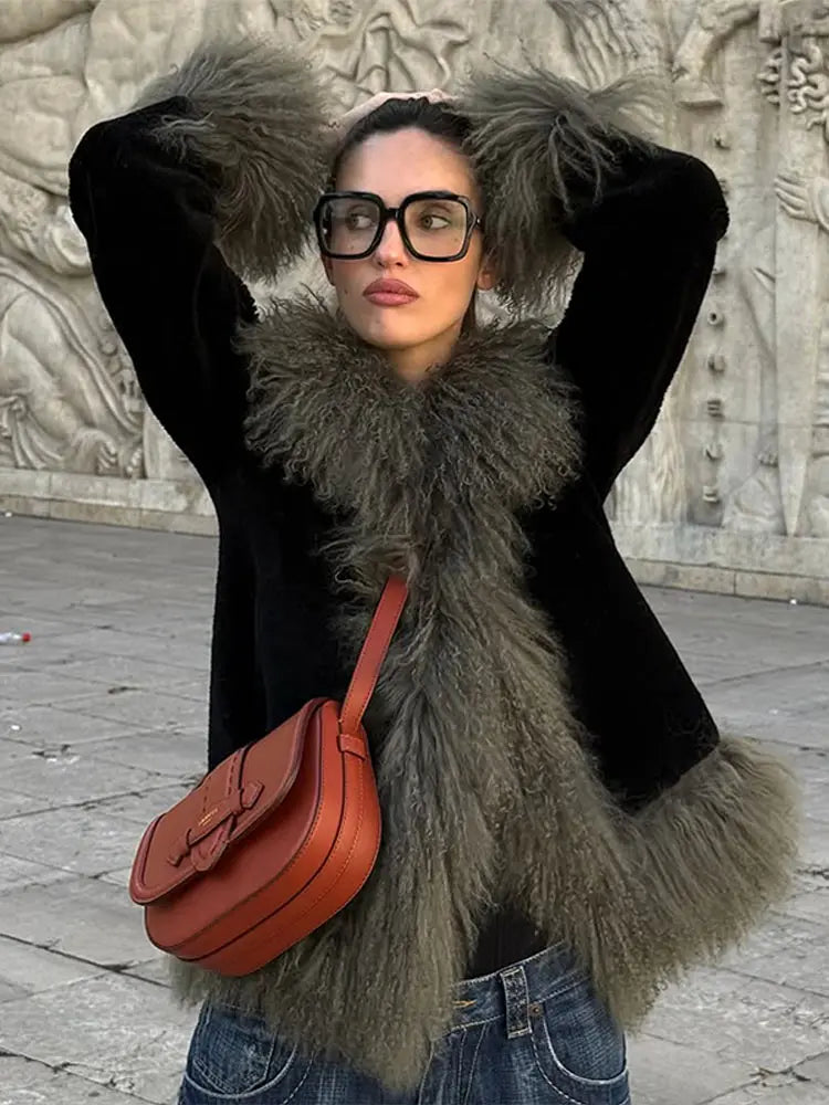 Vintage Patchwork Women's Faux Fur Trim Coat Urban Lapel Full Sleeve Female Jacket Female 2026 Spring Winter Lady Streetwear New