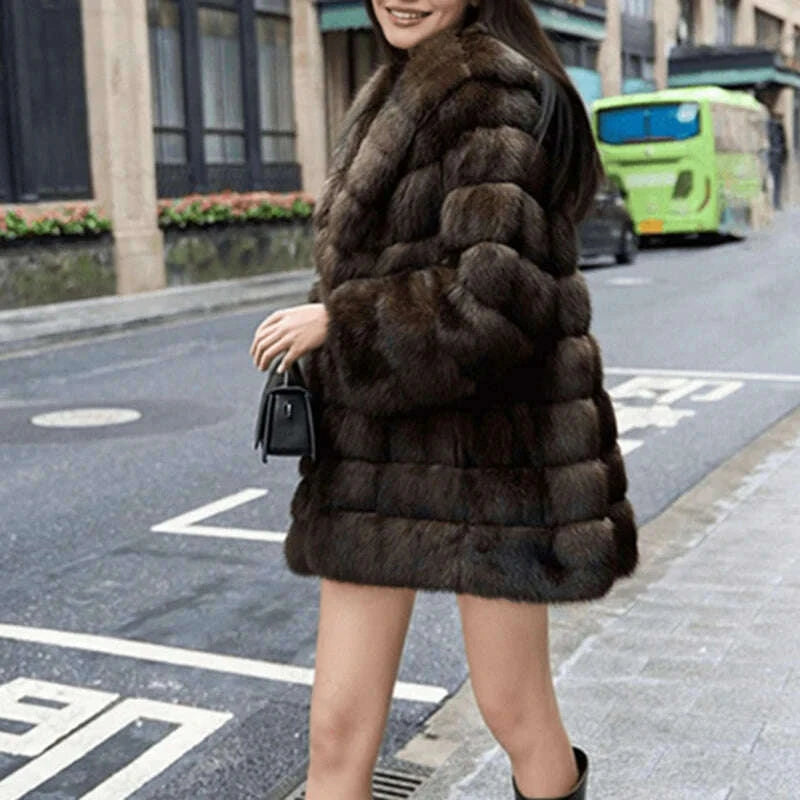 KIMLUD, LANMREM Brown Hooded Women's Faux Mink Fur Coat Thick Autumn Winter Chic New Cardigan Mid Length Loose Warm Jackets 2DB4632, KIMLUD Womens Clothes