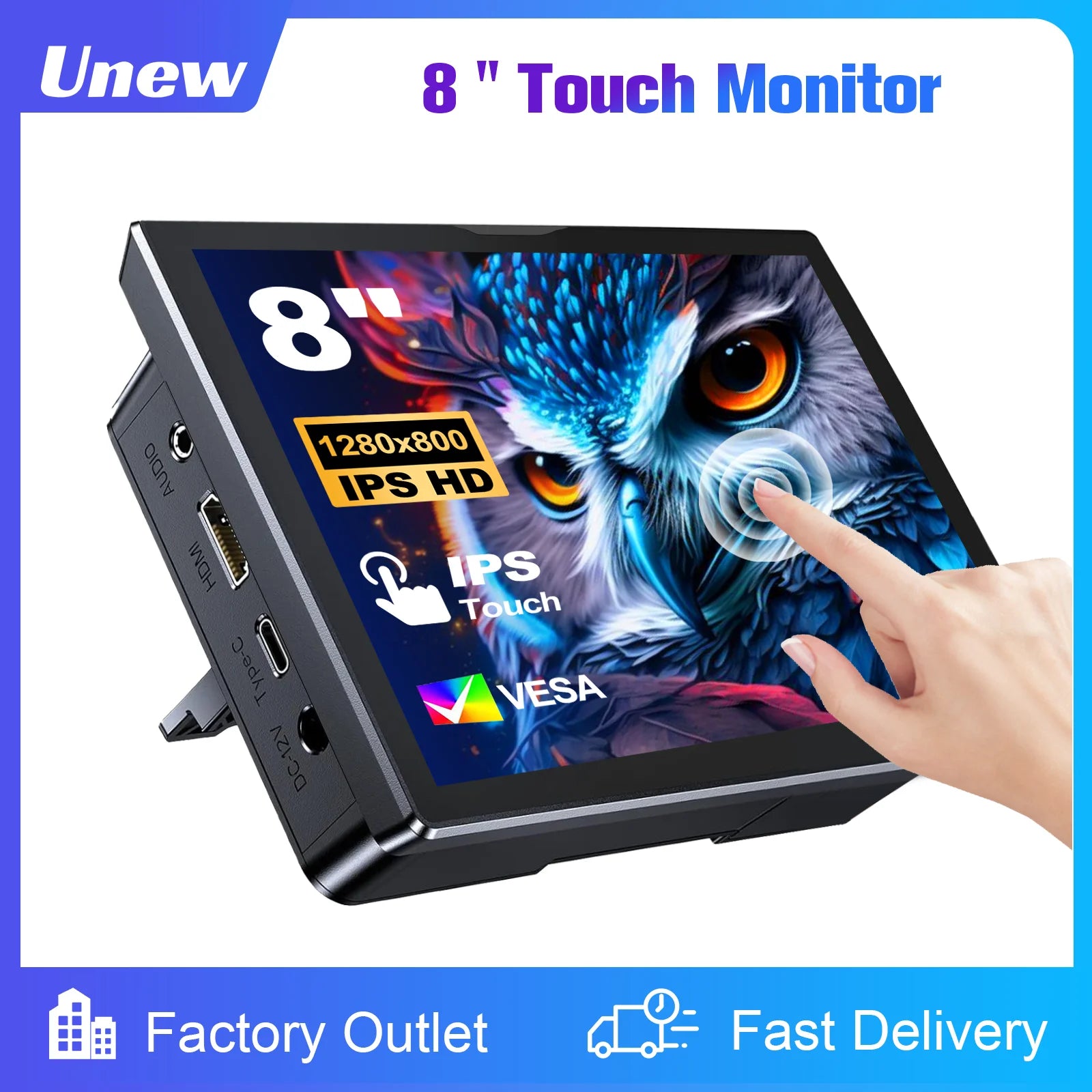 8 inch Touch Monitor 1280x800P 16:10 Widescreen Ratio HDMI Interface for DIY Projects Surveillance Display