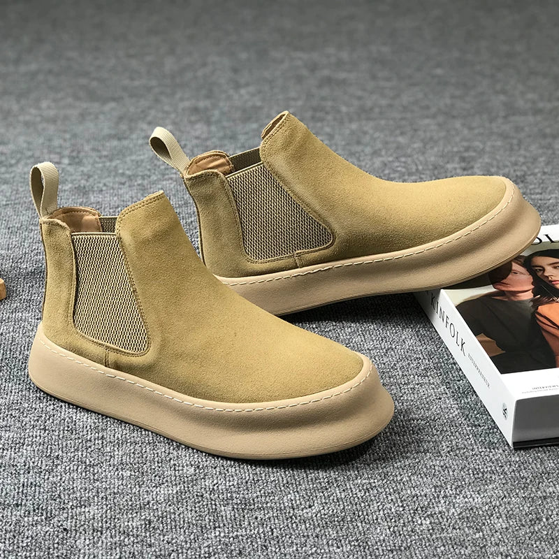 Men Thick Soled Suede Short Boots Retro Autumn Winter Comfortable Fashionable Height Increasing Boots for Casual Young People