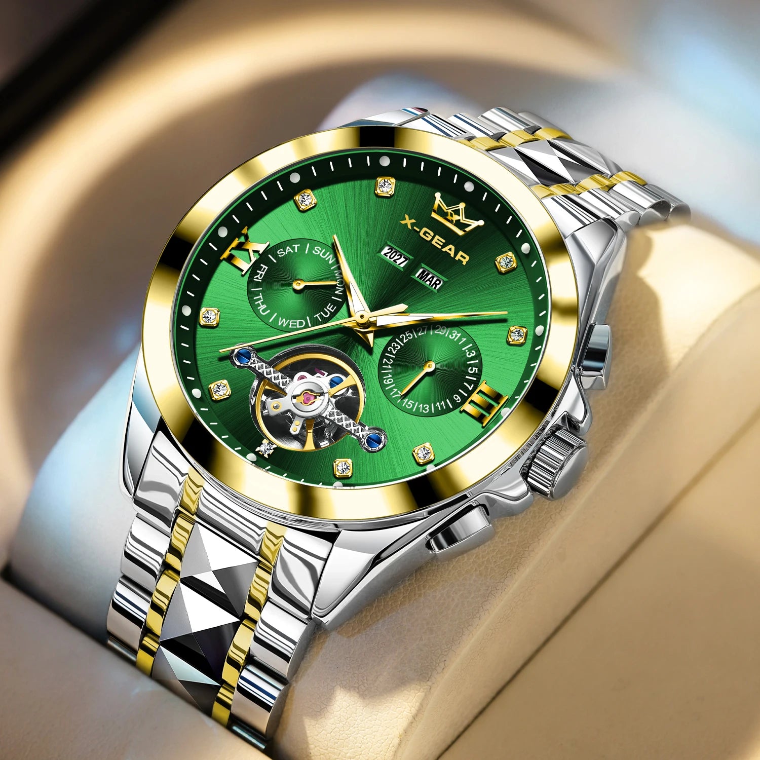 Men's Automatic Mechanical Watch with Tourbillon Waterproof Luminous Stainless Steel Strap Luxury Multi-Functional Timepiece