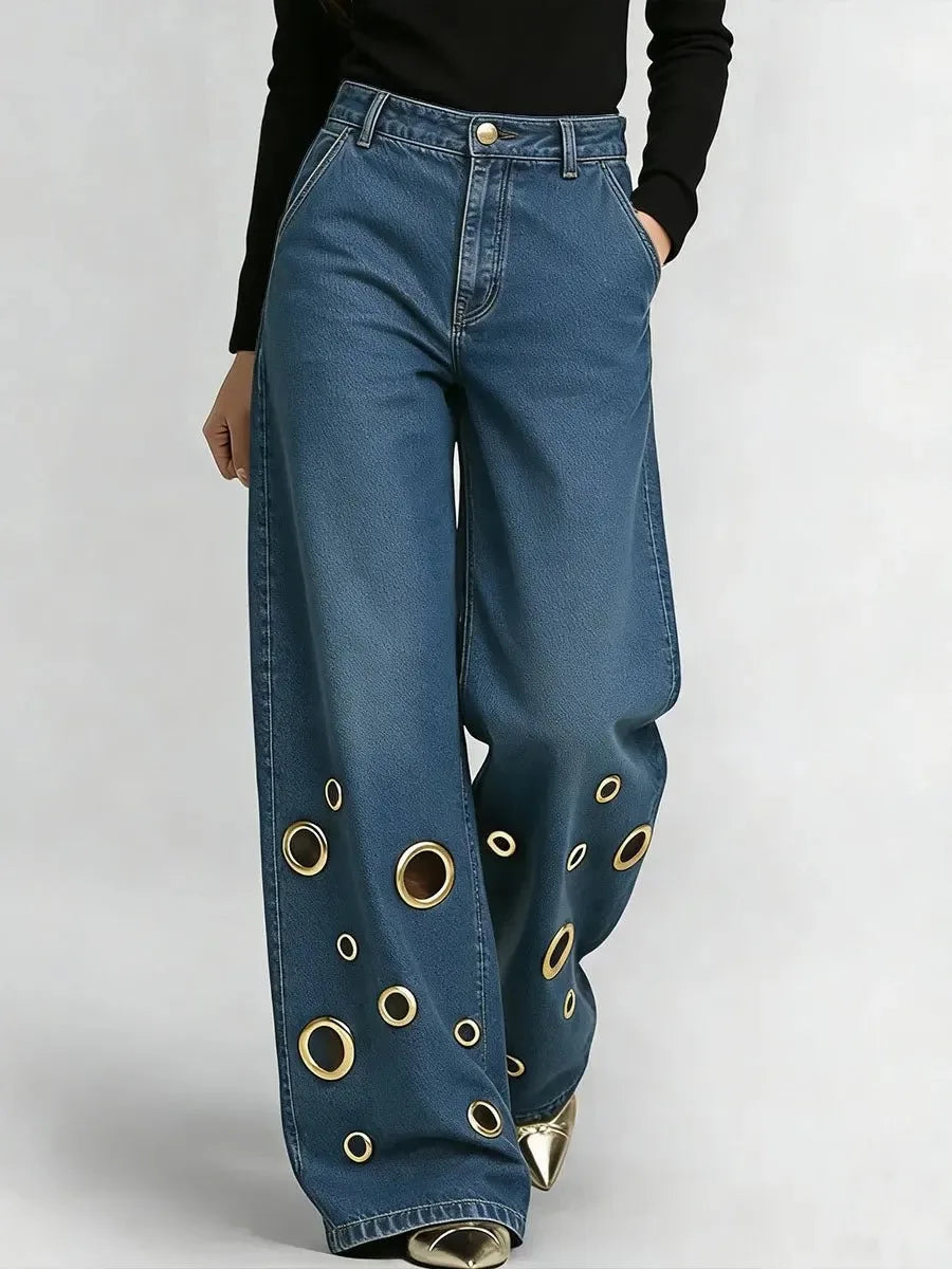Elegant Wide Leg Casual Pants Broadcloth — Blue | KIMLUD