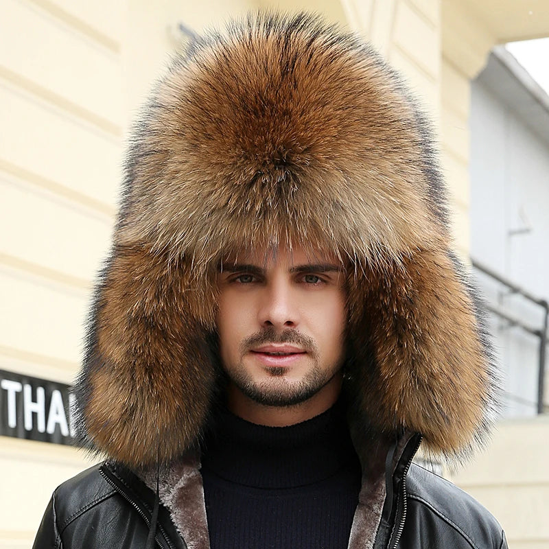 2025 Winter 100% Real Silver Fox Fur Bomber Hat Raccoon Fur Ushanka Cap Trapper Russian Men's Ski Hats Caps