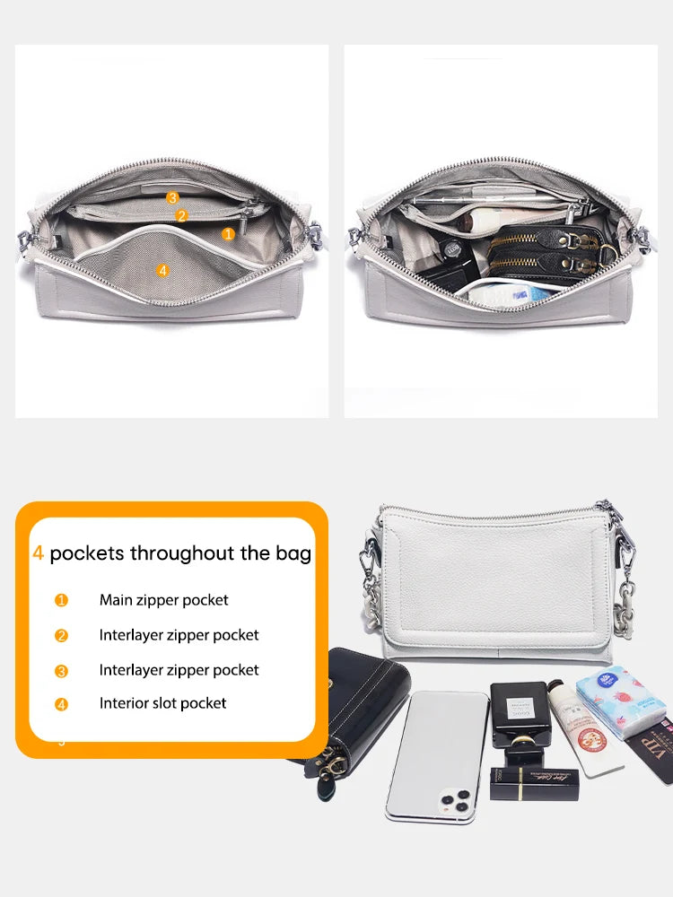 Zency Acrylic Chain Handbag Soft Leather Top-Handle Women's Luxury Small Underarm Crossbody Bag White Fashion Shoulder