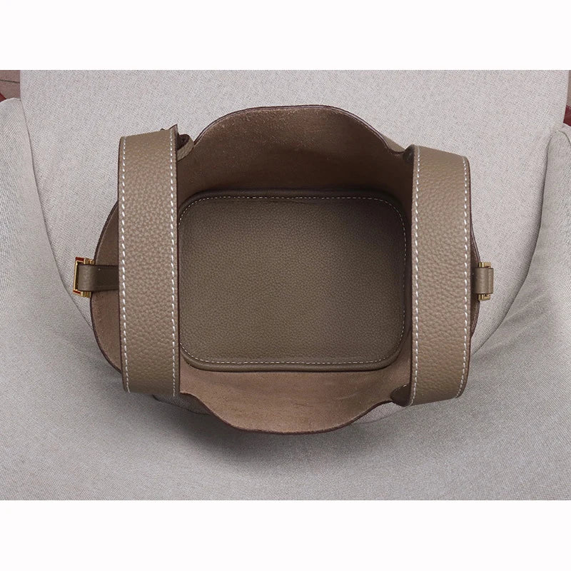 Head Layer Cowhide Leather Bucket Bag Large Capacity — Taupe | KIMLUD
