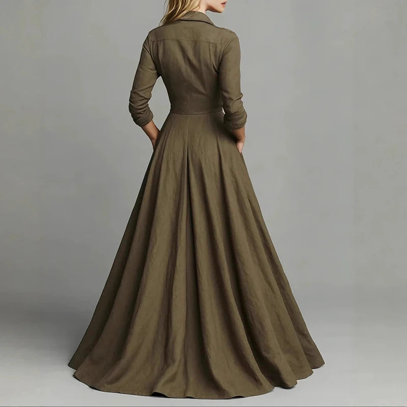 Casual Turn-down Collar Button Maxi Dress Woman Elegant Solid High Waist Swing Long Dresses Autumn Long Sleeve Pocket Boho Dress