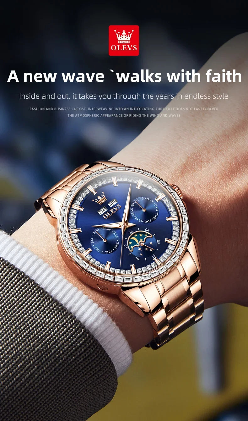OLEVS 6695 NEW Men's Watches Full Multifunctional Dial Blue Leather Strap Calendar Week Moon Phase Waterproof Wristwatch