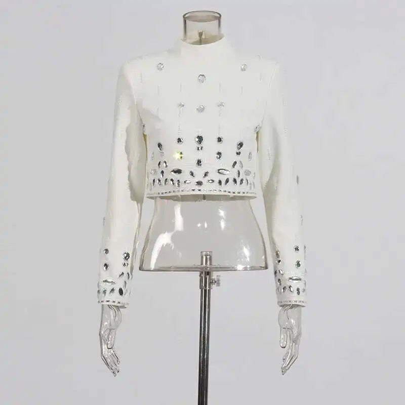 KIMLUD, TWOTWINSTYLE Solid Spliced Diamonds Two Piece Set For Women Stand Collar Long Sleeve Tops High Waist A Line Skirt Set Female New, KIMLUD Womens Clothes