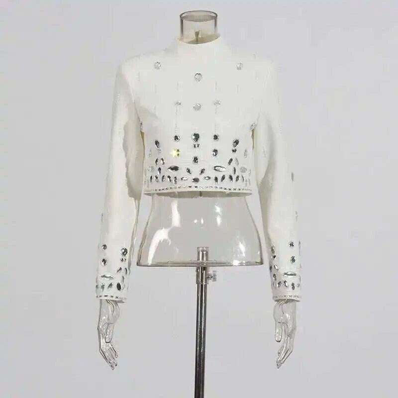 KIMLUD, TWOTWINSTYLE Solid Spliced Diamonds Two Piece Set For Women Stand Collar Long Sleeve Tops High Waist A Line Skirt Set Female New, KIMLUD Womens Clothes