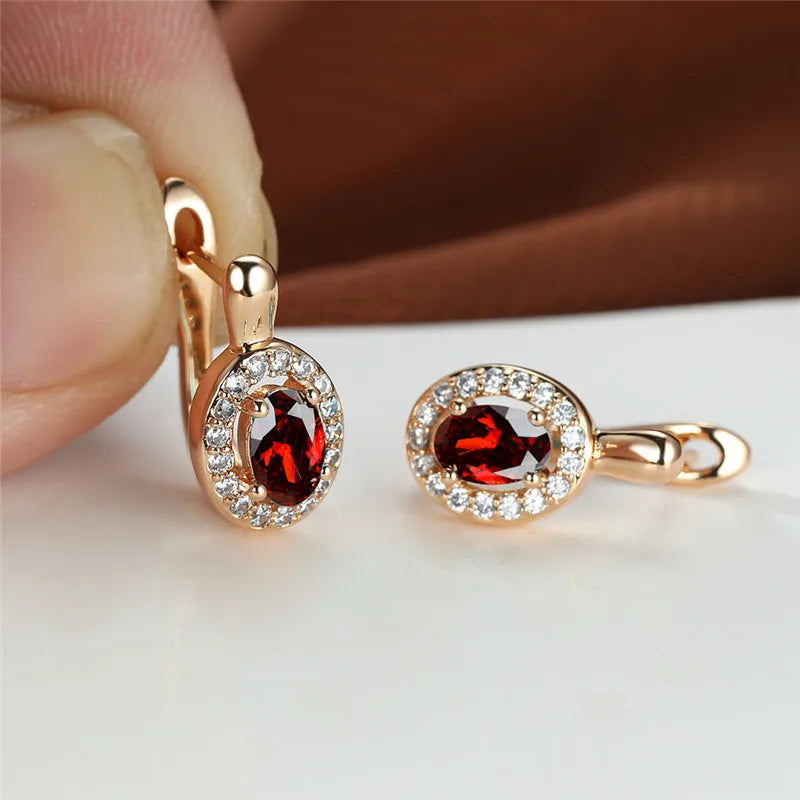 Rose Gold-Tone Stud Earrings Oval Zircon Halo — Sapphire Blue | KIMLUD