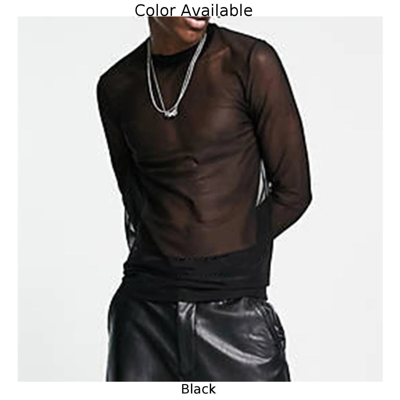 Transparent Mesh Long Sleeve Tee Muscle-Fit Silhouette With Sheer Detailing — Black | KIMLUD