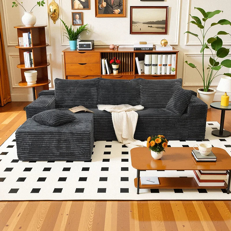 Corduroy L-Shaped Sofa Bed — Deep Seat, 105-Inch — Charcoal Gray | KIMLUD