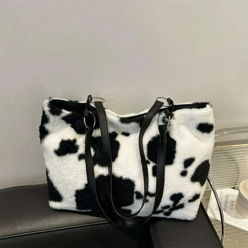 KIMLUD, Large Capacity Shopper Bags For Women Winter Travel Tote Bag Cow Printing Plush Shoulder Bag Ladies Handbag Designer Bolsos, KIMLUD Womens Clothes