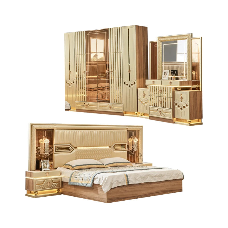 Design King Size Double Leather Bed Suite Master Room Full Set Luxury Wooden 5 Piece Home Furniture Bedroom Sets