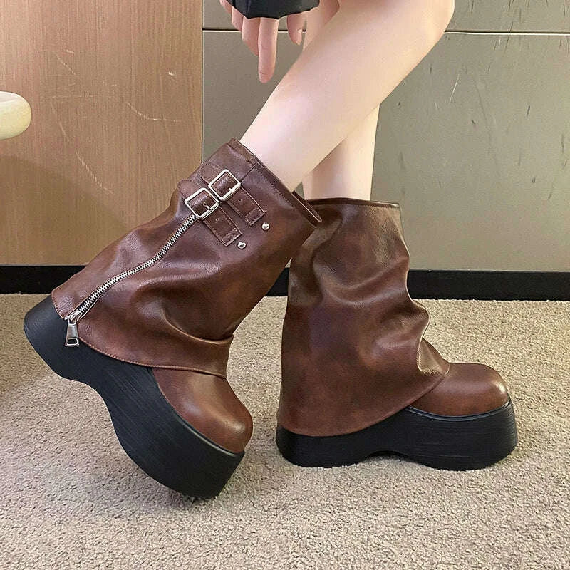 KIMLUD, Soft Leather Ankle Mid Calf Boots Winter Autumn High Platform Wedge British Booties Woman New Ladies Chunky Motorcycle Boots 9CM, KIMLUD Womens Clothes