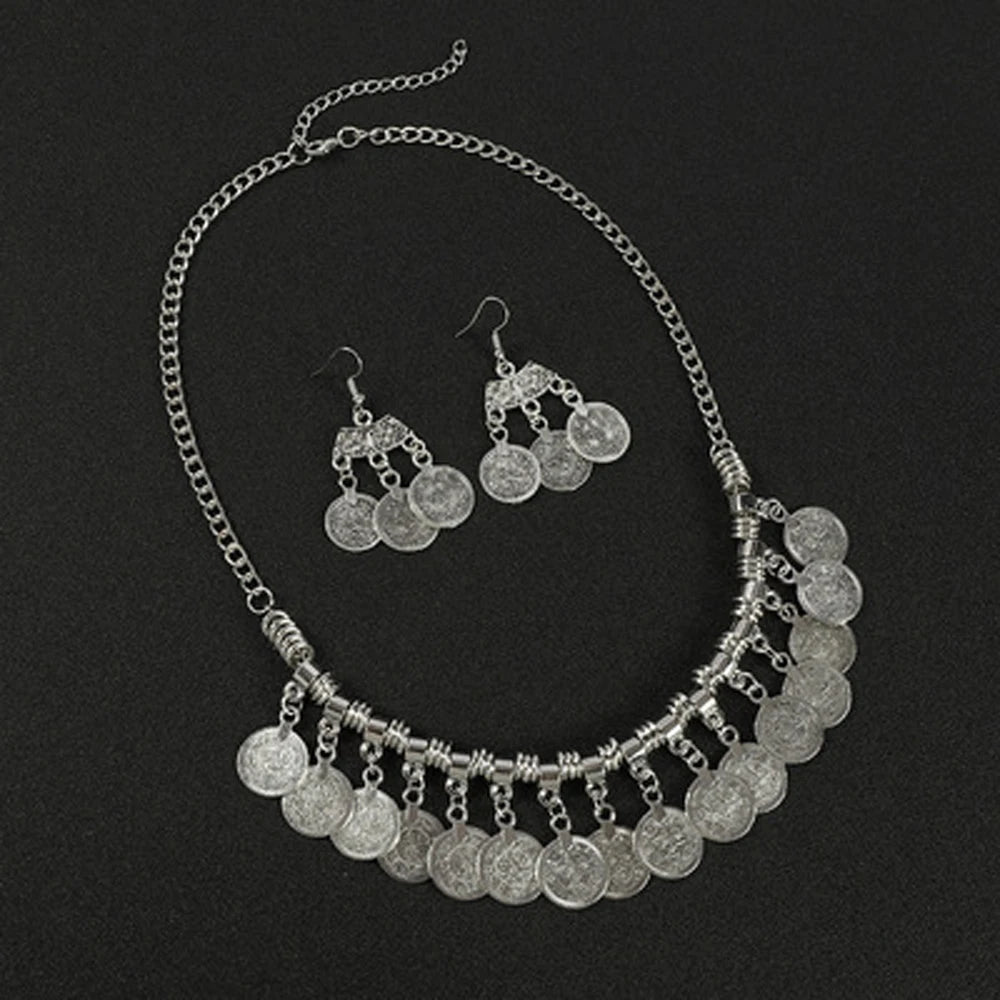 Afghan Turkey Coins Necklace Earrings for Women Vintage Boho Ethnic IndianTribal Bride Choker Statement Necklaces Jewelry Sets