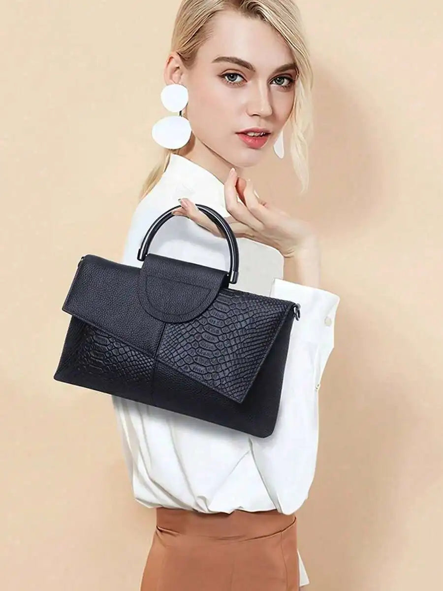 Black PU Croc-Texture Patchwork Clutch with Top Handle for Evening Events