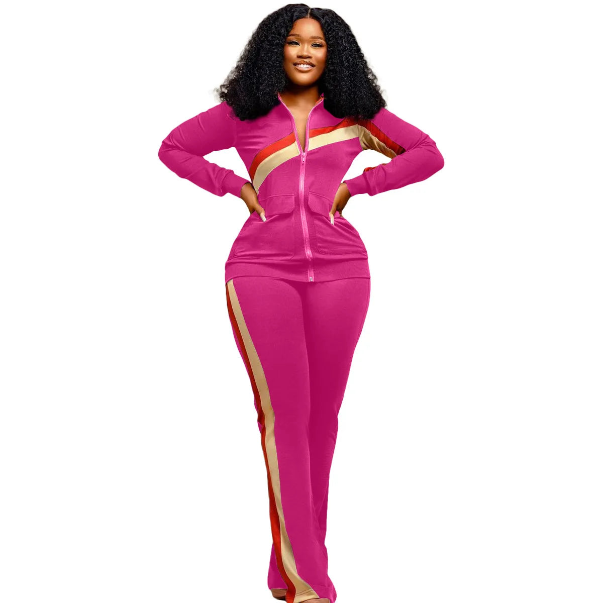 Custom LOGO Spring Women's Sports Casual Fashion Color-matching Pocket Lapel Zipper Top Straight Pants Two-piece Set S-4XL