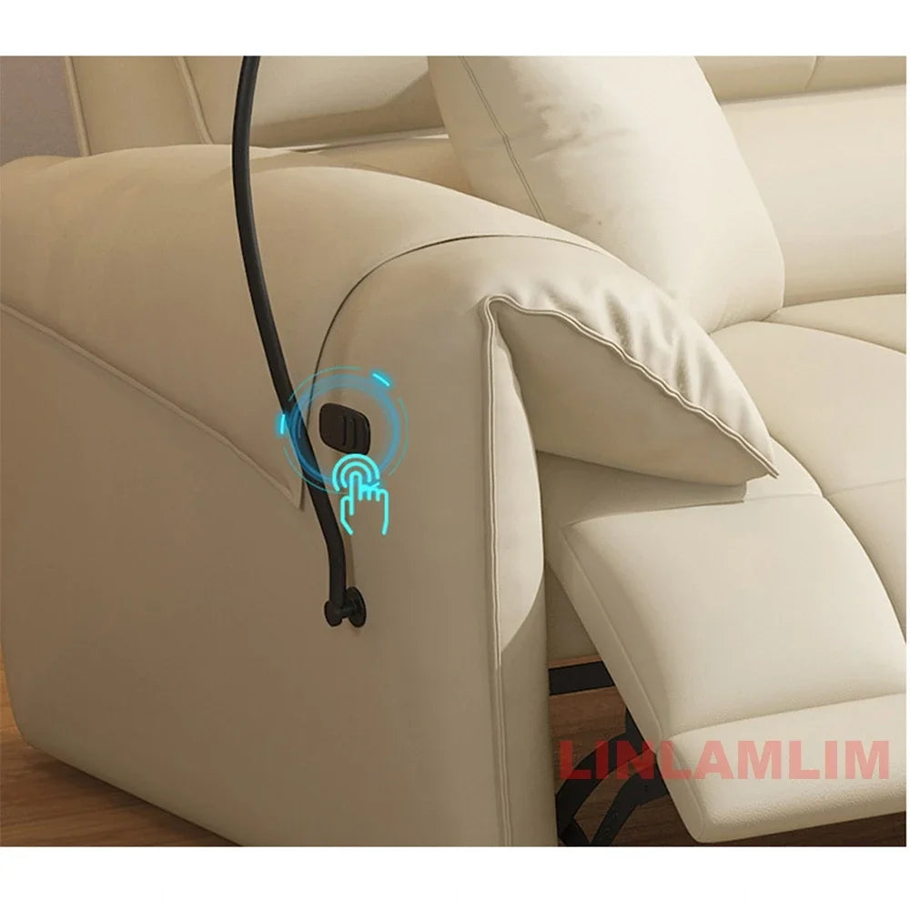Italian Genuine Leather Electric Reclining Sofa With Adjustable Footrest USB And Foldable Center Console — Caramel Tan | KIMLUD
