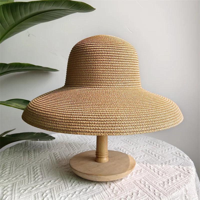 Straw Hepburn Sun Hat Wide Brim Foldable — Natural | KIMLUD