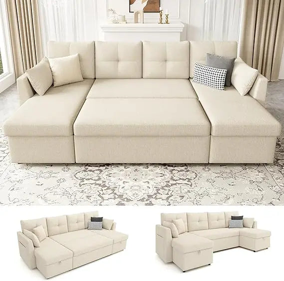 Microfiber Sleeper Sofa 2-In-1 With Storage Chaise — Beige | KIMLUD