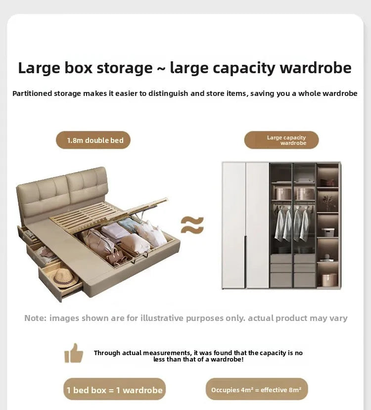 Modern Minimalism Genuine Napa Leather Bed With Built-In Storage Drawers — Beige | KIMLUD