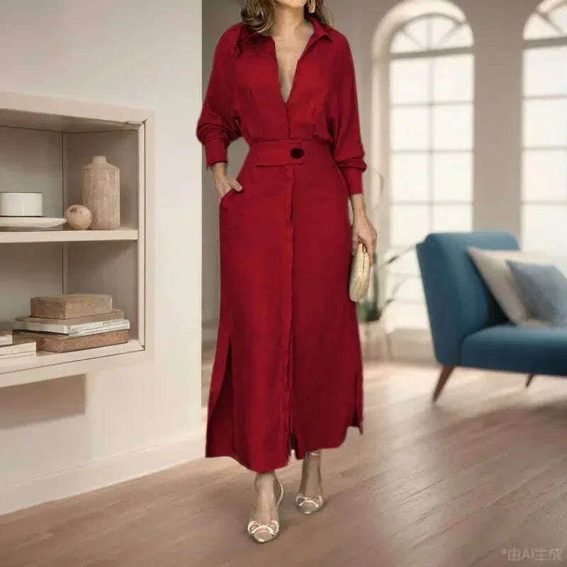 KIMLUD, Women Fashion Solid Casual Dress Long Sleeve Office Lady Straight Minimalist Autumn Spring Vintage Elegant Midi Dress with Belt, KIMLUD Womens Clothes