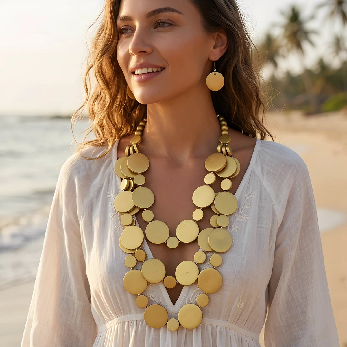 Statement Wooden Bead Solid Jewelry Set — Gold | KIMLUD