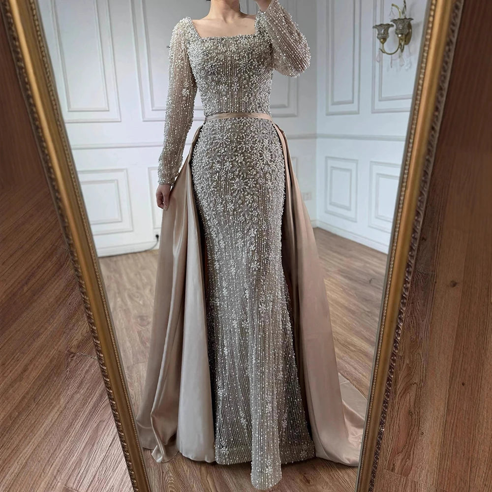 Mermaid Beaded Evening Gown With Overskirt And Built-In Bra In Luxe Beadwork — Caramel | KIMLUD