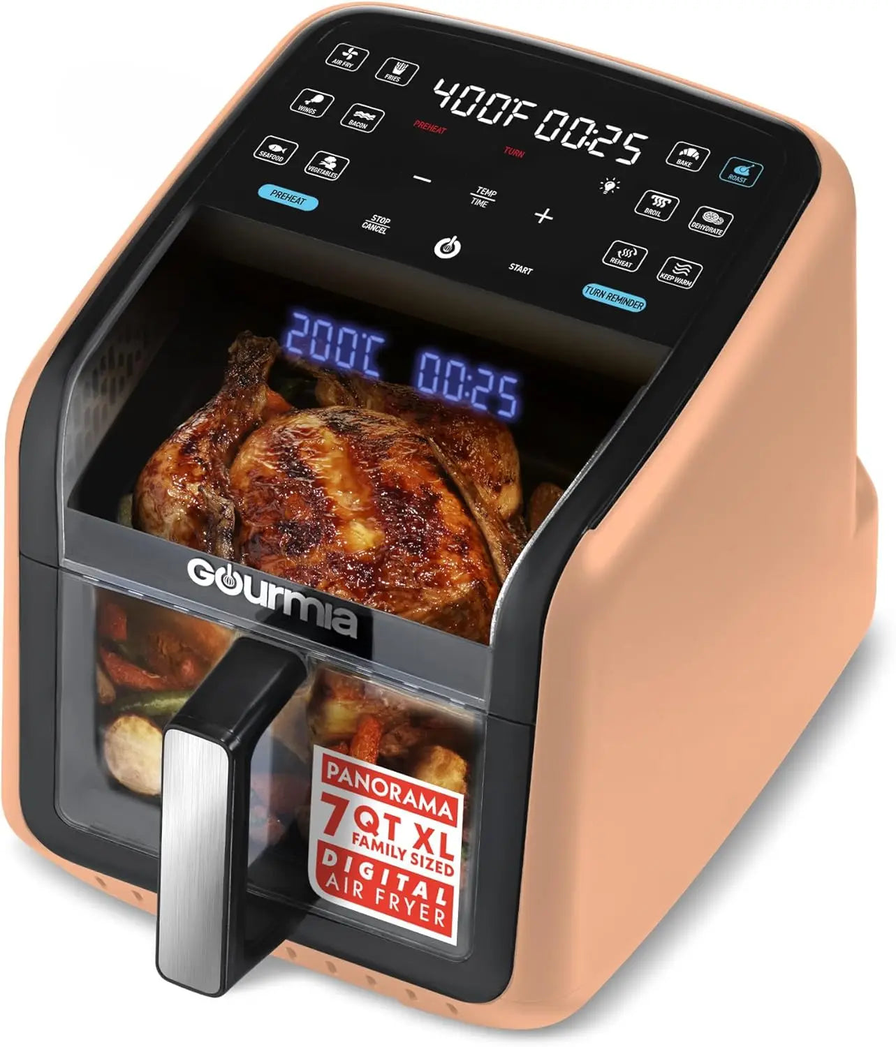 7 QT Air Fryer with Panoramic Window, Interior Light, 12 Presets & Dishwasher Safe Accessories in Peach