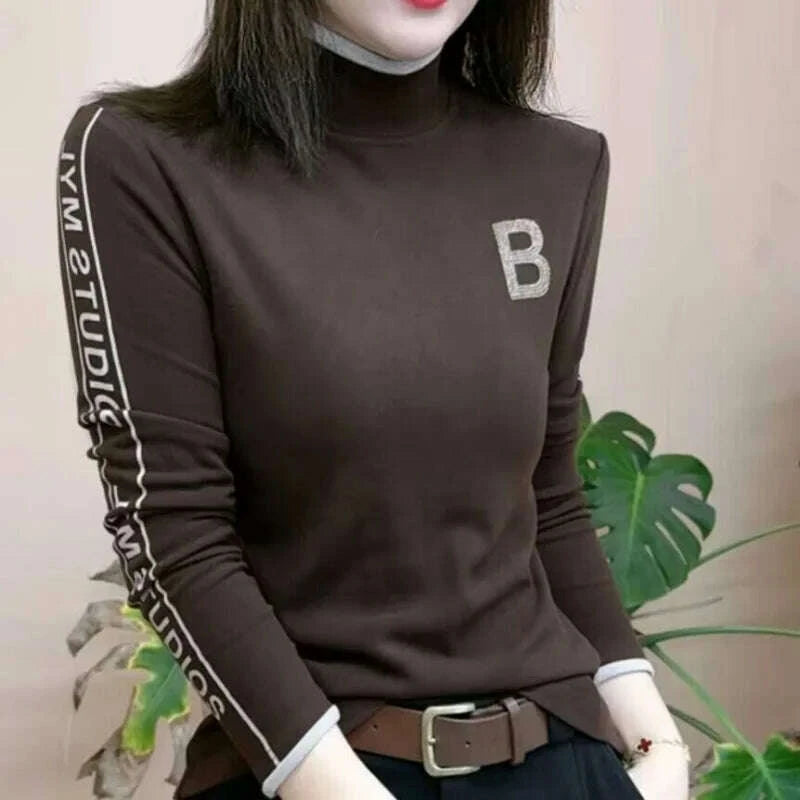 KIMLUD, Women Winter Half High Neck Pullover Derong Bottom Shirt Fashion Design Hot Drills Letter Fleece Warm Versatile Long Sleeve Tops, KIMLUD Womens Clothes