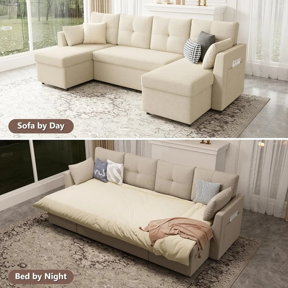 Microfiber Sleeper Sofa 2-In-1 With Storage Chaise — Beige | KIMLUD