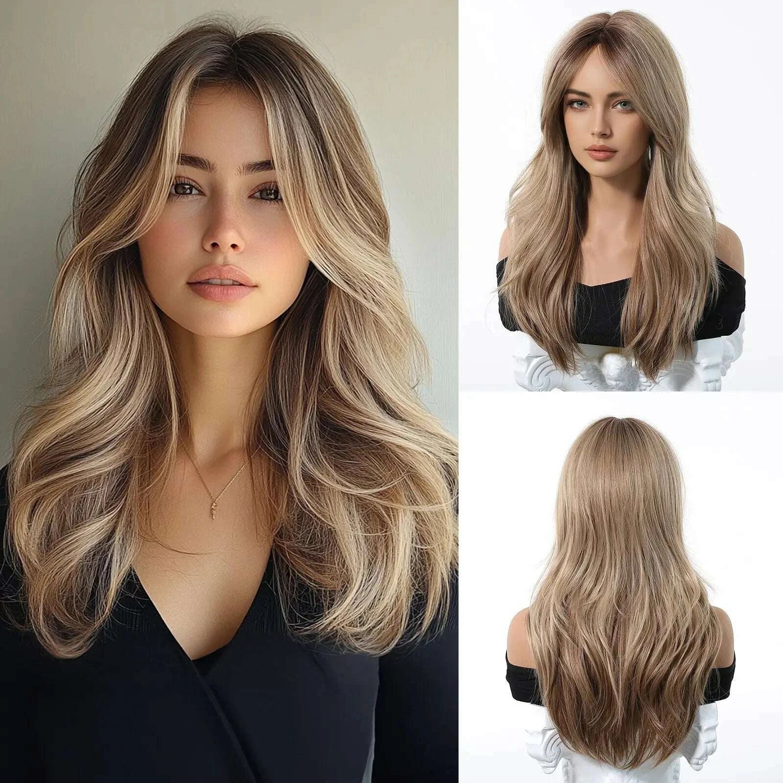 KIMLUD, Golden Blonde Mixed Synthetic Wig Dark Root Wavy Hair With Side Bangs for Women Daily Party Cosplay wig Heat Resistant Fiber, KIMLUD Womens Clothes