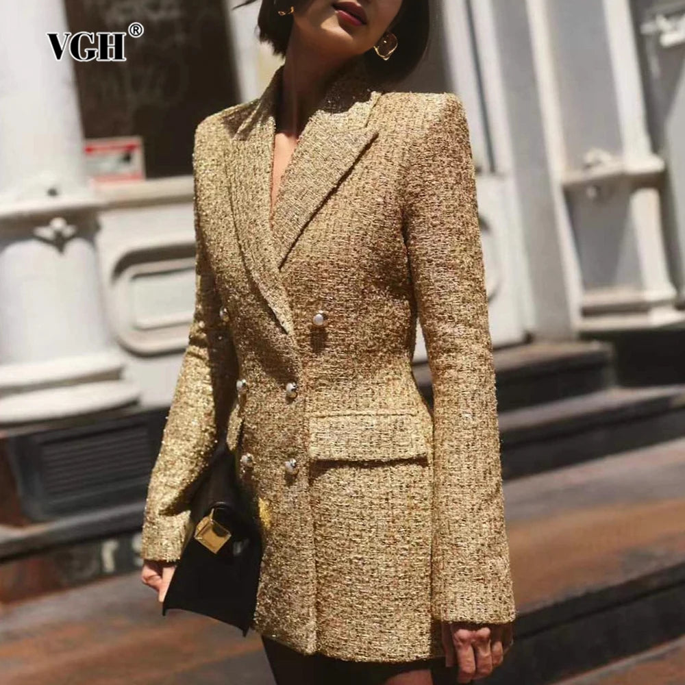 VGH Chic Luxurious Tweed Blazer for Wommen Noched Collar Long Sleeve Patcfhwork Double Breasted Elegant Formal Coat Female New