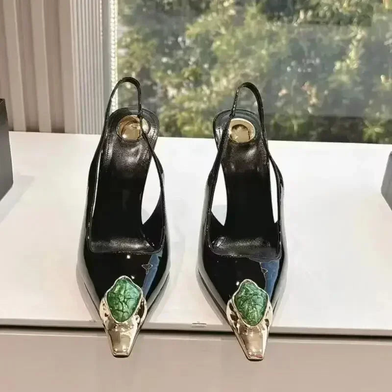 Metal Jewel Decoration Heels Pointed Toe Patent Leather — Black | KIMLUD