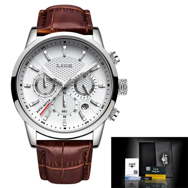 LIGE Men Watch Luxury Leather Waterproof Sport Quartz Wristwatch Chronograph Military Watch for Men Relogio Masculino Men‘s Gift