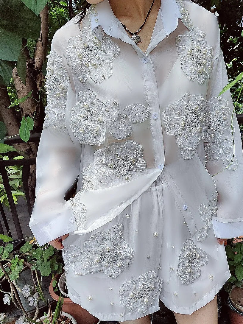 Two-Piece Set - Fairy 3D Flower Embroidery - Chiffon Silhouette | KIMLUD