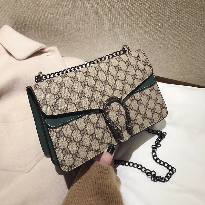 PU Mini Crossbody Bag Vintage Print With Chain Strap Monogram — Beige-Cream | KIMLUD