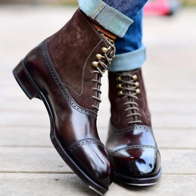 Large size:38-46 Men Short Boots Brown Bullock Flock Lace-up Square Toe Handmade Business Ankle Shoes for Men