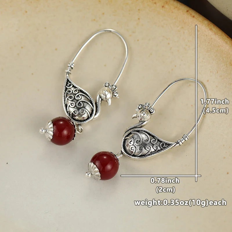 Ladies' Vintage Bird Shape Long Hook Earrings Metal Carved Pattern Design Retro Silver Plated Earrings Personalized Jewelry