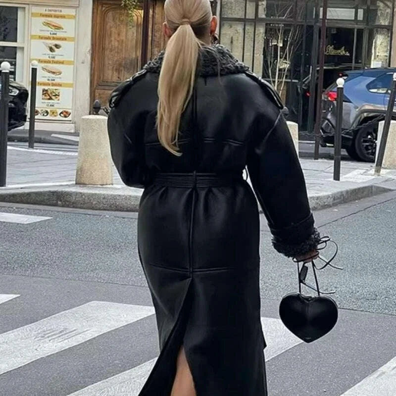 KIMLUD, Faux Fur Leather Long Jacket Women Lapel Long Sleeve Belt Thicken Female Coats Winter Fashion Street Patchwork Lady Outwear, KIMLUD Womens Clothes
