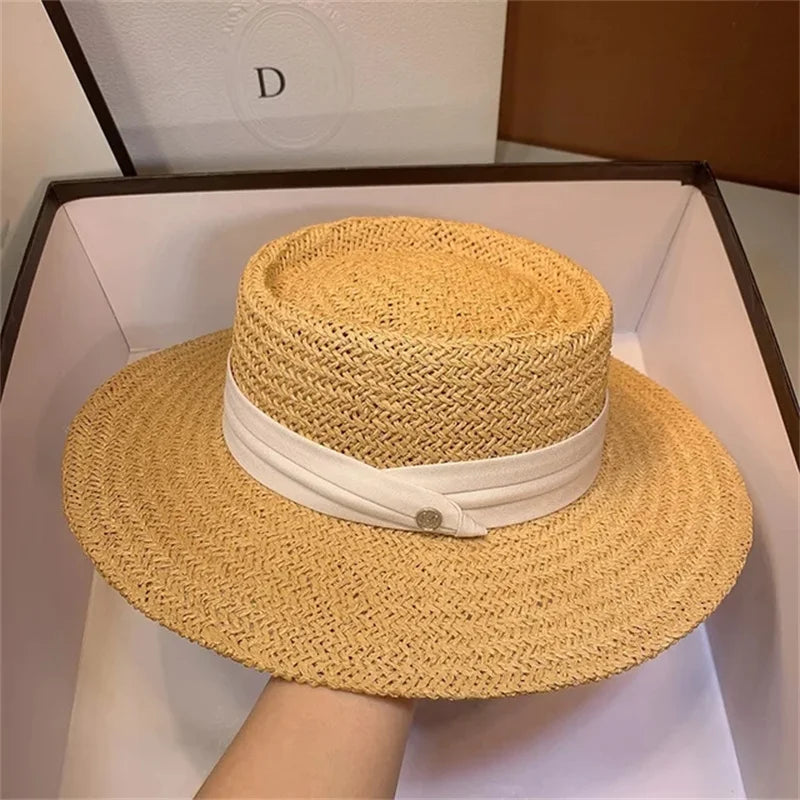 Ribbon Boater Straw Hat Sun Protection — Natural | KIMLUD